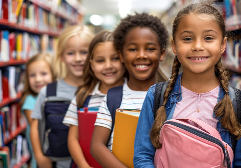 Happy Diverse Group Of School Children Holding Books In Library.