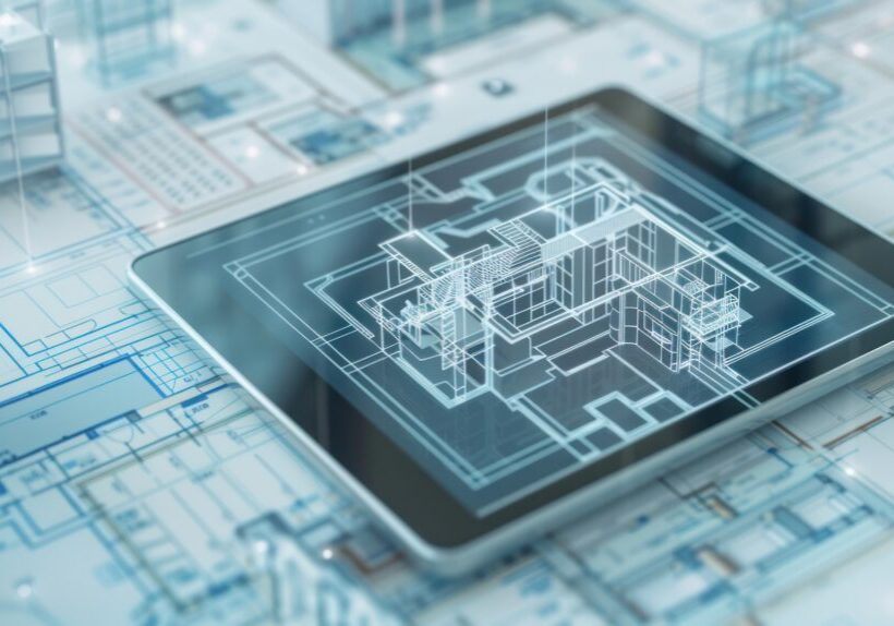 A digital tablet displaying architectural plans, with a focus on smart technology integration in building design.